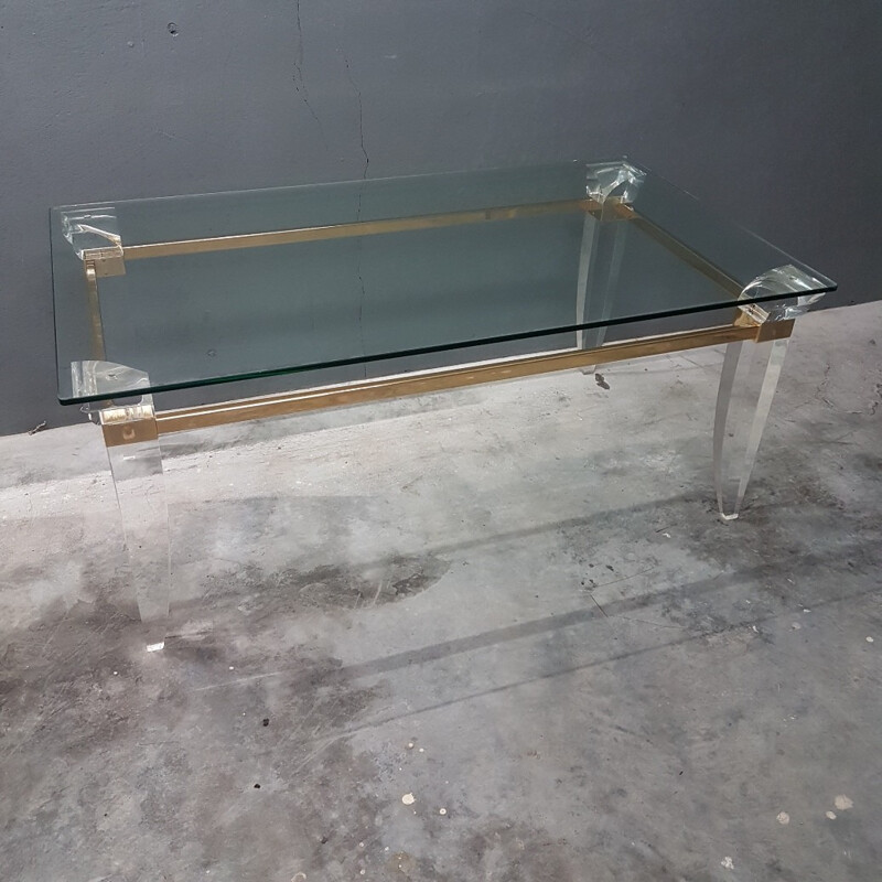 Table basse française vintage en verre de Lucite - 1980