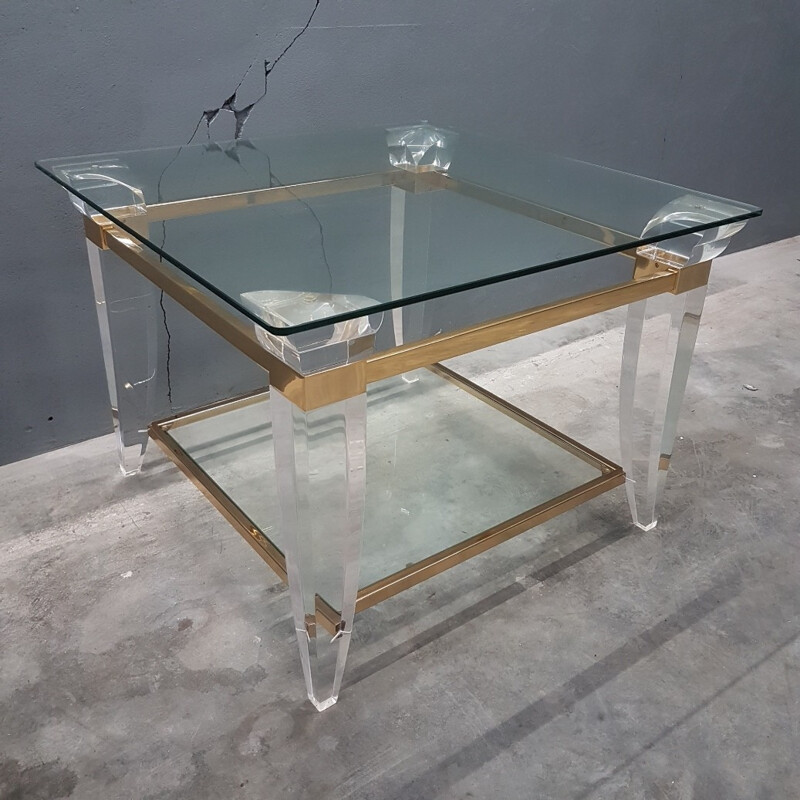 Table basse carrée française en plaqué or et verre - 1980