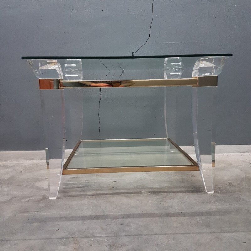 Table basse carrée française en plaqué or et verre - 1980