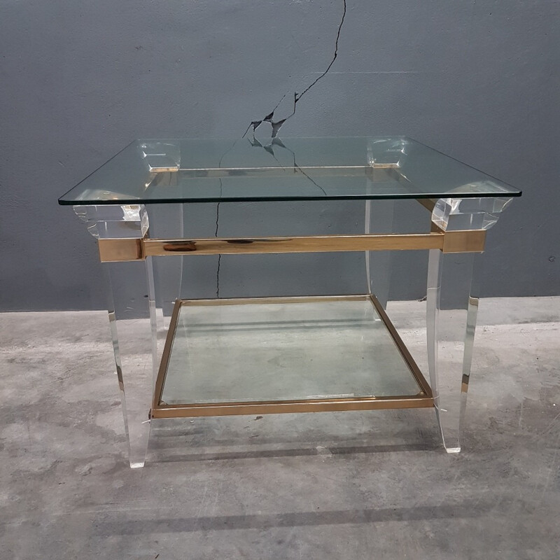 Table basse carrée française en plaqué or et verre - 1980