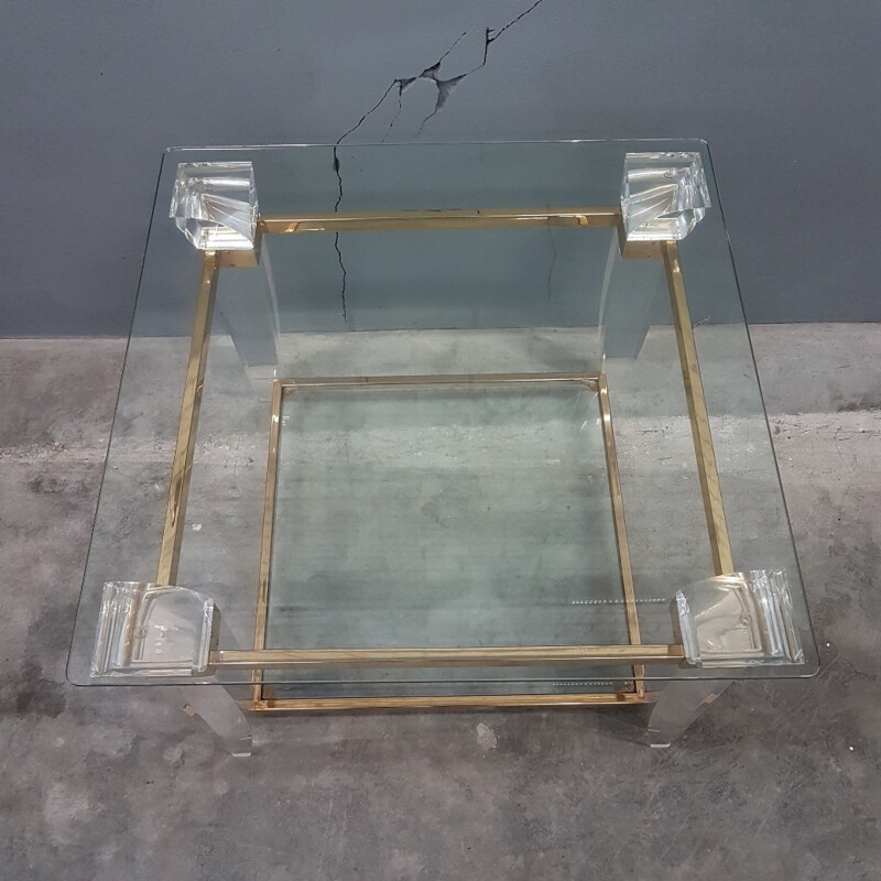 Vintage French square coffee table gold plated and glass - 1980s