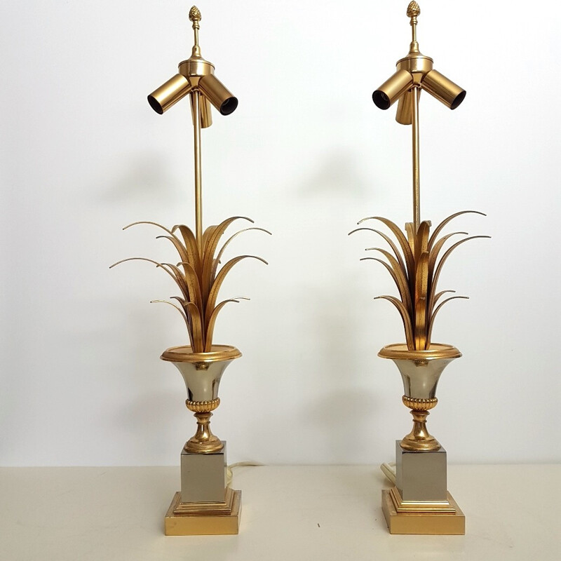 Set of 2 brass pineapple leaves table lamps by Boulanger - 1970s