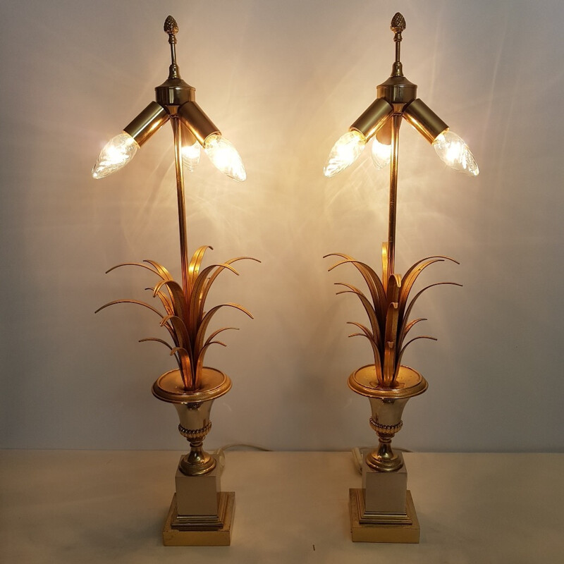 Suite de 2 lampadaires feuilles d'ananas en laiton de Boulanger - 1970