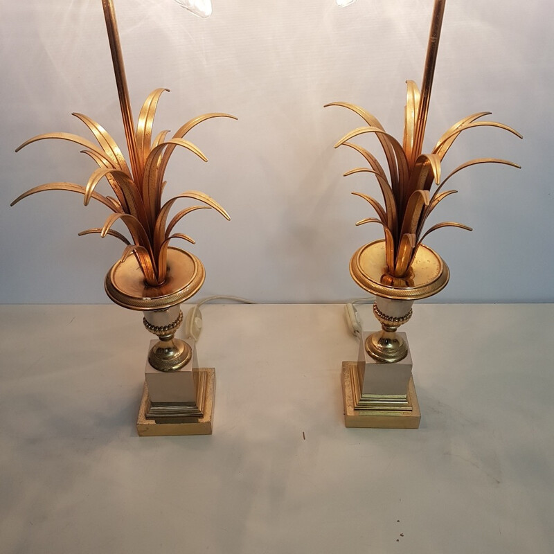 Set of 2 brass pineapple leaves table lamps by Boulanger - 1970s