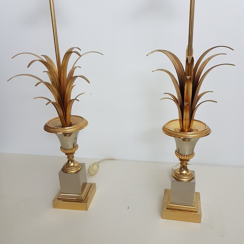 Set of 2 brass pineapple leaves table lamps by Boulanger - 1970s