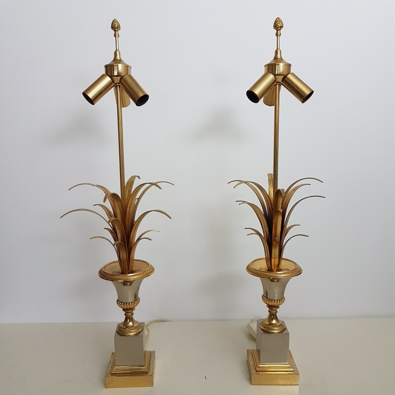 Set of 2 brass pineapple leaves table lamps by Boulanger - 1970s