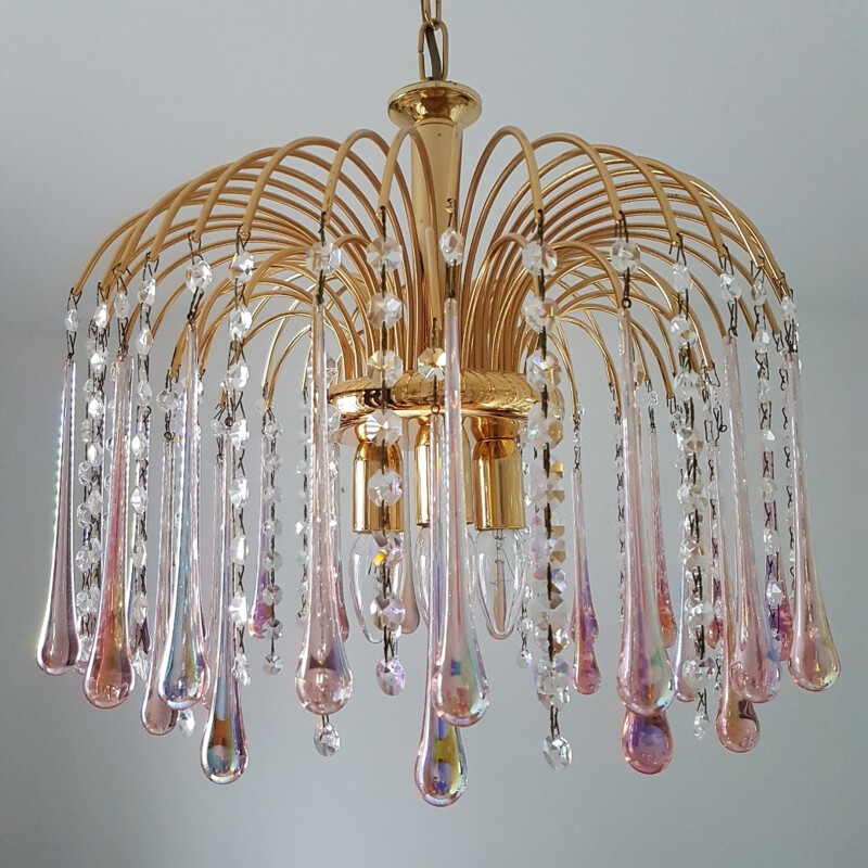 Gold plated chandelier with Murano glass teardrops by Paolo Venini - 1970s