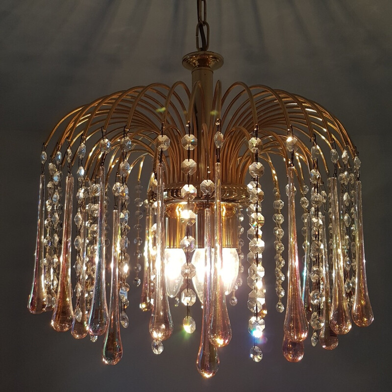 Gold plated chandelier with Murano glass teardrops by Paolo Venini - 1970s