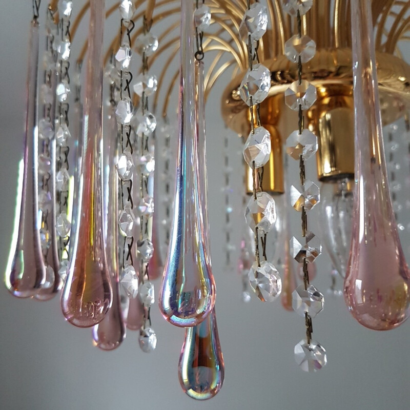 Gold plated chandelier with Murano glass teardrops by Paolo Venini - 1970s