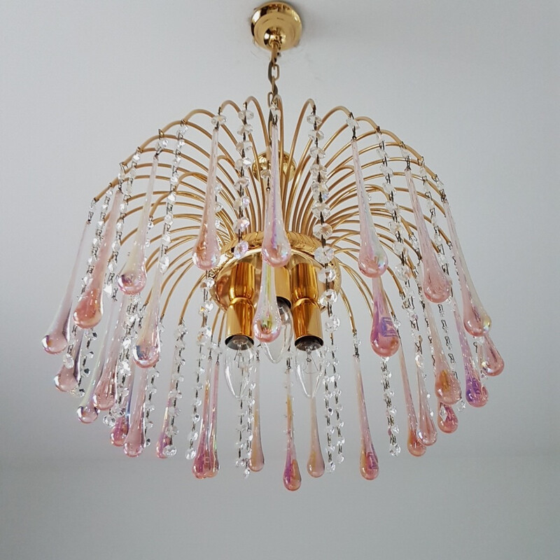 Gold plated chandelier with Murano glass teardrops by Paolo Venini - 1970s