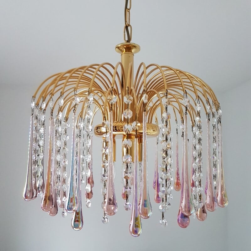 Gold plated chandelier with Murano glass teardrops by Paolo Venini - 1970s