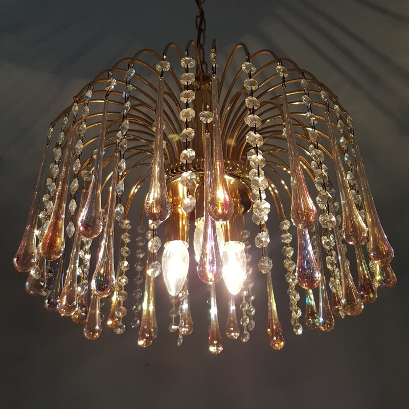 Gold plated chandelier with Murano glass teardrops by Paolo Venini - 1970s