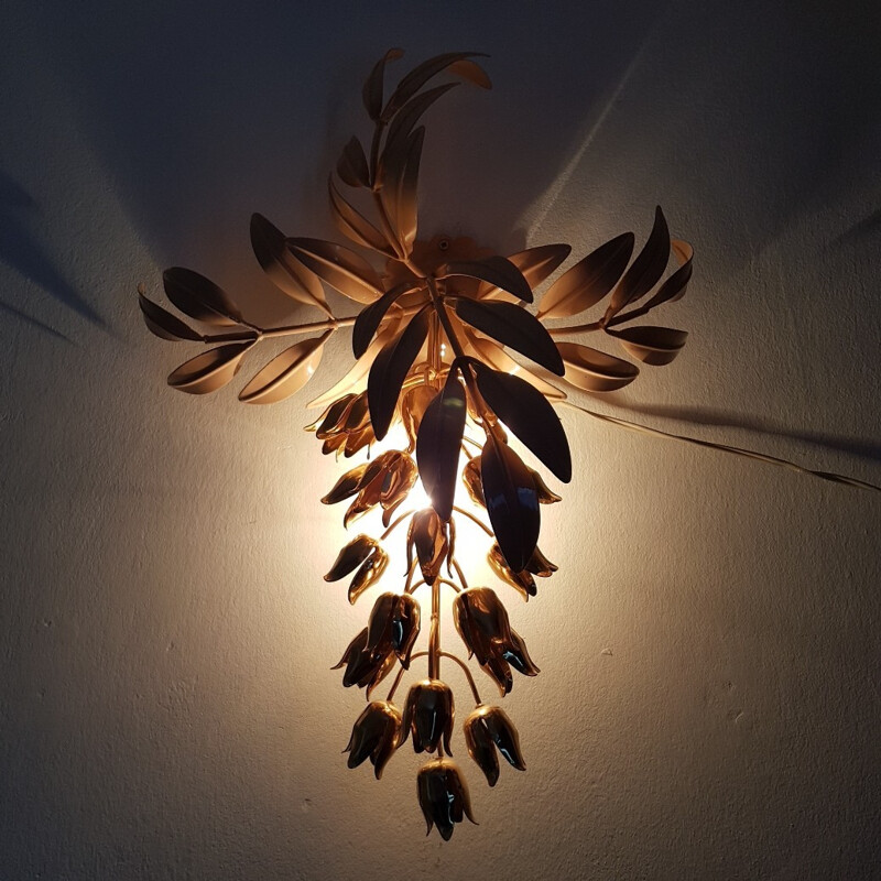 Gold plated wall lamp with Wisteria flowers by Hans Kogl - 1970s