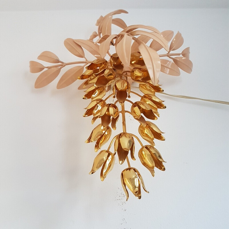 Gold plated wall lamp with Wisteria flowers by Hans Kogl - 1970s