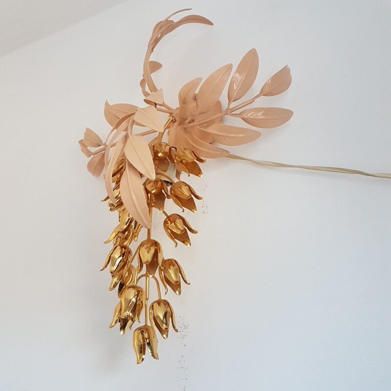 Gold plated wall lamp with Wisteria flowers by Hans Kogl - 1970s