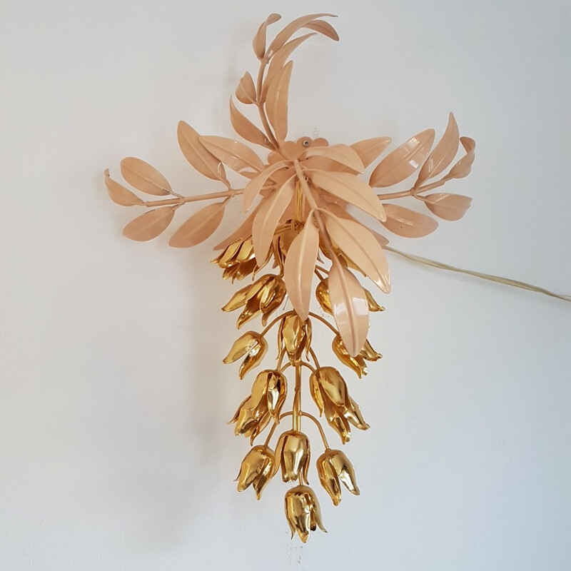 Gold plated wall lamp with Wisteria flowers by Hans Kogl - 1970s