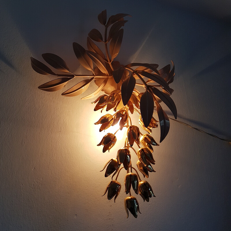 Gold plated wall lamp with Wisteria flowers by Hans Kogl - 1970s