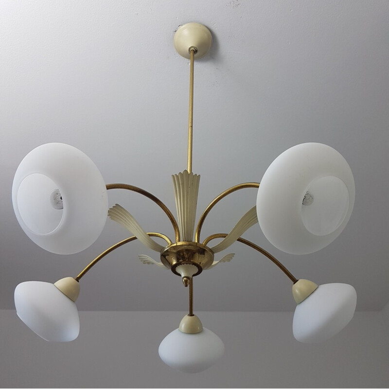 Brass Sputnik chandelier with opaline glass shades by Stilnovo - 1950s