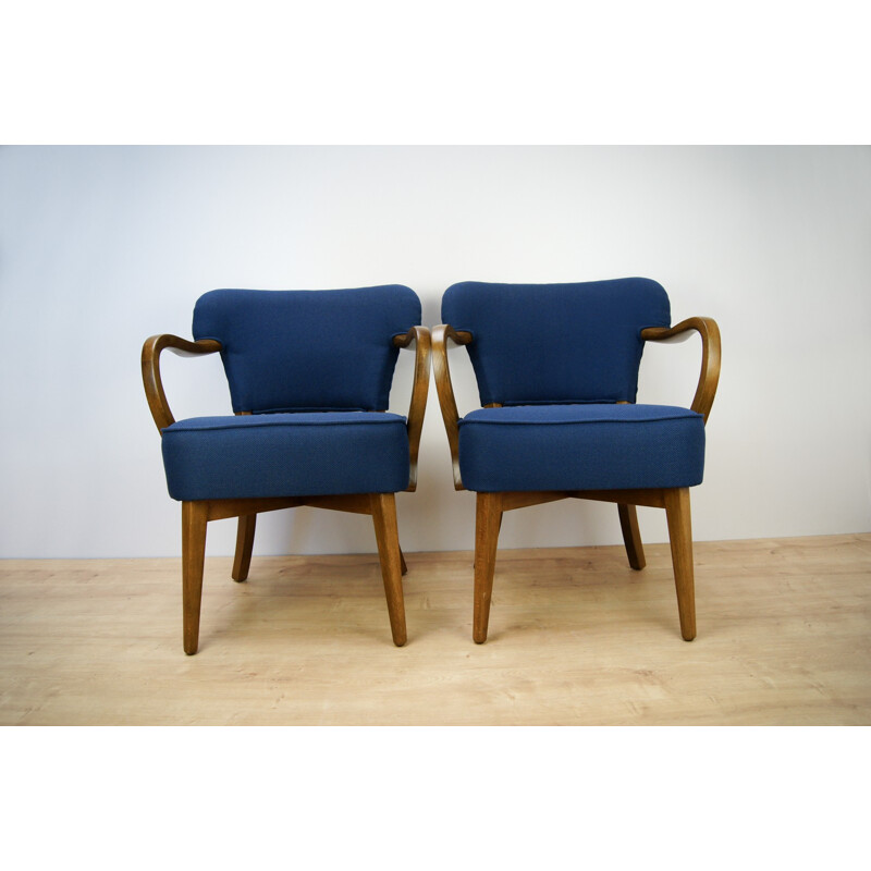 Suite de 2 fauteuils bleus en hêtre - 1950