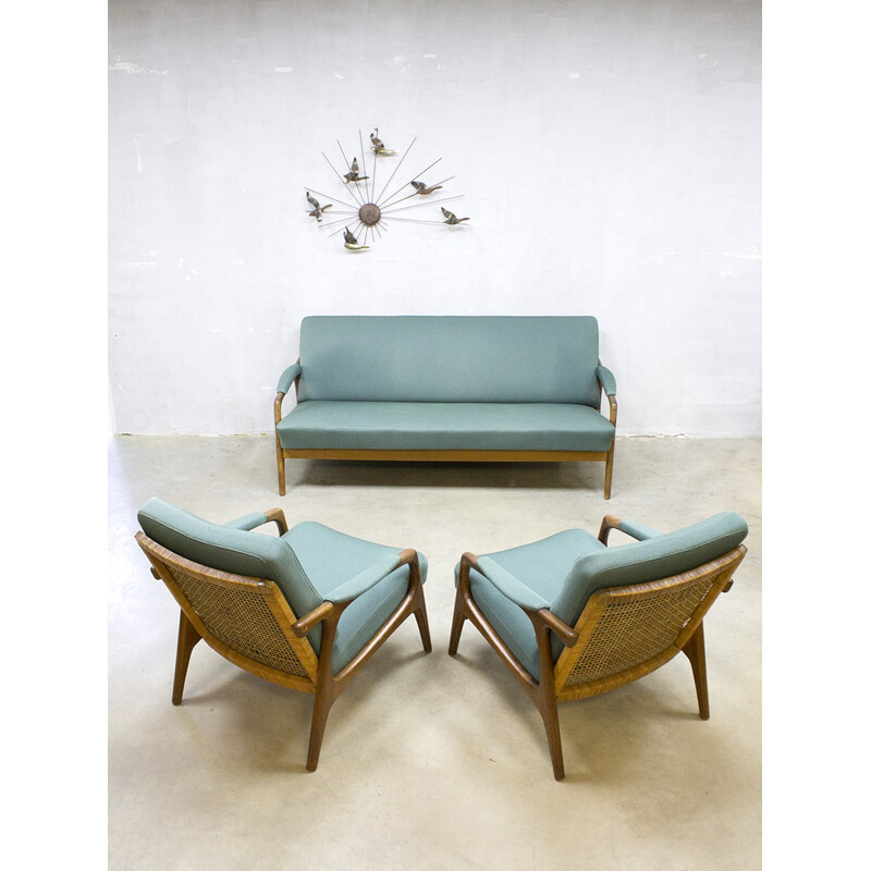 Vintage Danish Lounge Set with wood, rattan and fabric - 1960s