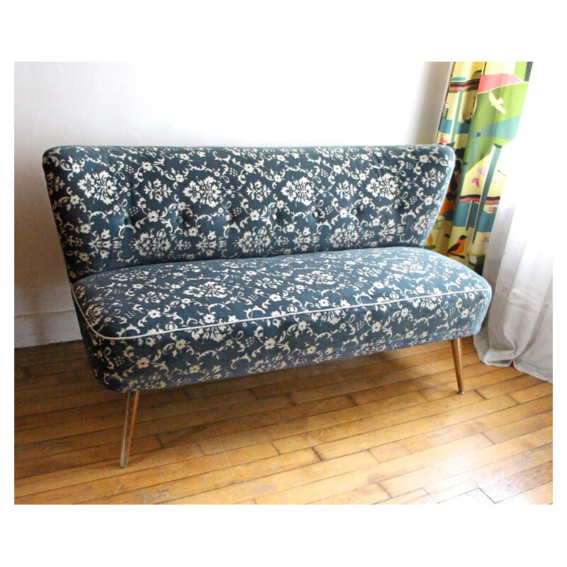 Vintage german cocktail bench with blue patterns - 1950s