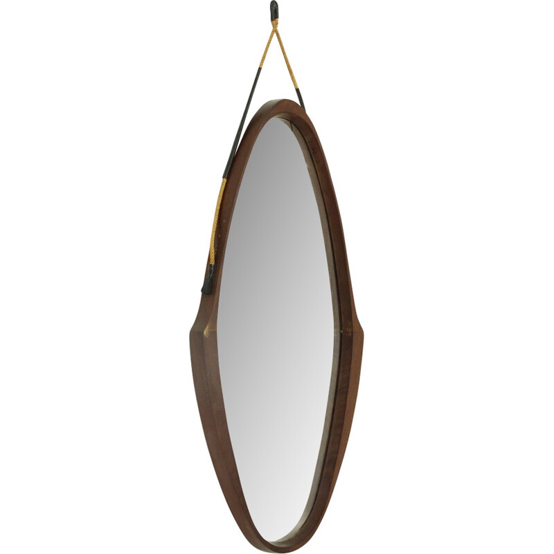 Vintage Italian oval teak frame mirror - 1950s