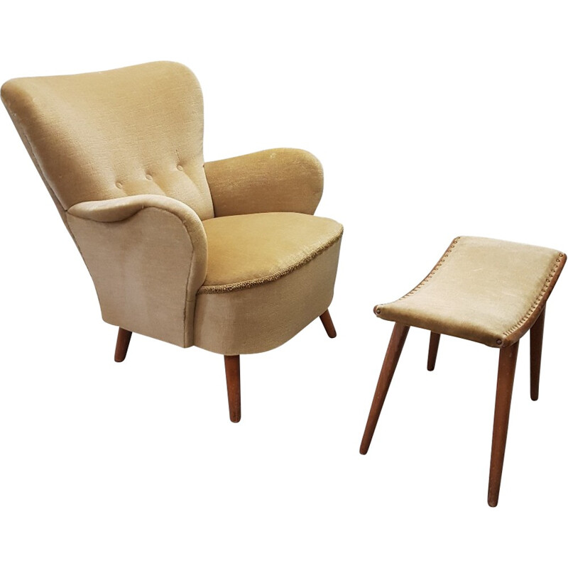 Velvet club Armchair with ottoman by Artifort - 1950s