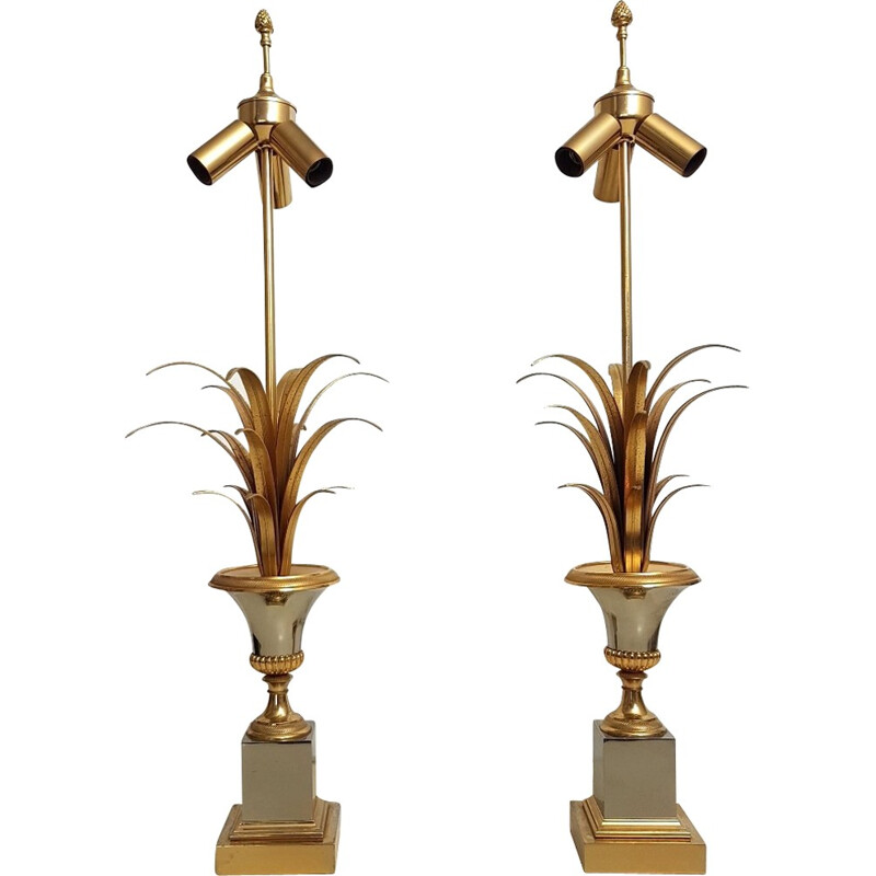 Set of 2 brass pineapple leaves table lamps by Boulanger - 1970s