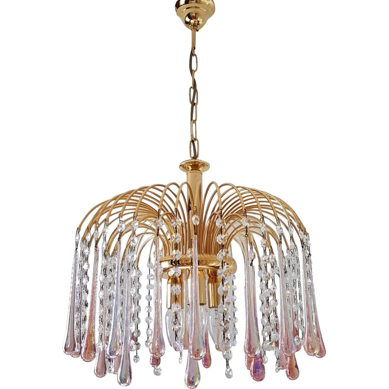 Gold plated chandelier with Murano glass teardrops by Paolo Venini - 1970s