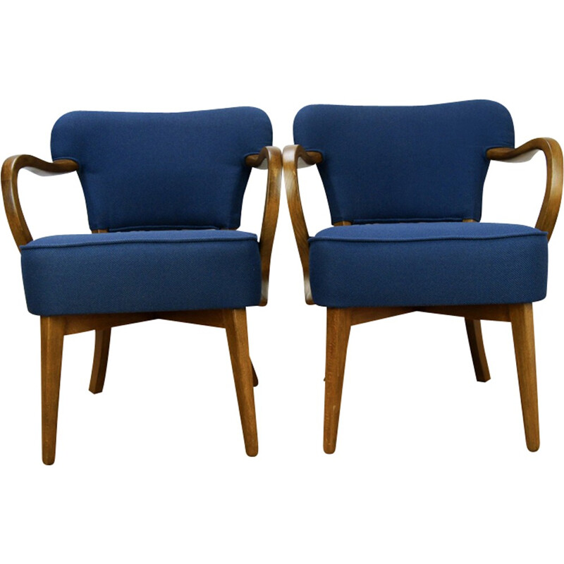 Suite de 2 fauteuils bleus en hêtre - 1950