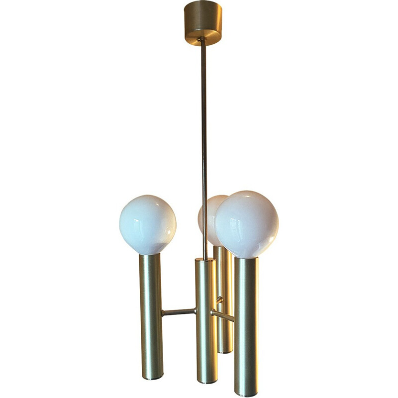 Lampadario scandinavo a 3 luci in metallo spazzolato, 1960