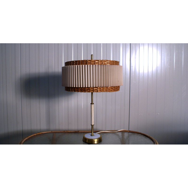 DDR Vintage Table Lamp in brass, rattan, paper and fabric - 1950s