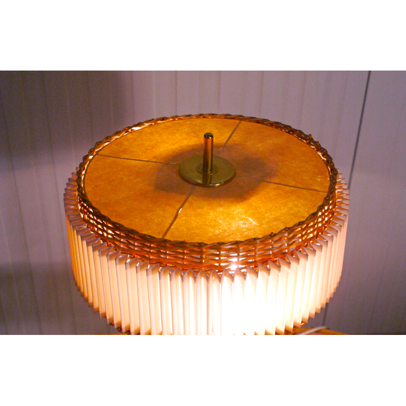 DDR Vintage Table Lamp in brass, rattan, paper and fabric - 1950s