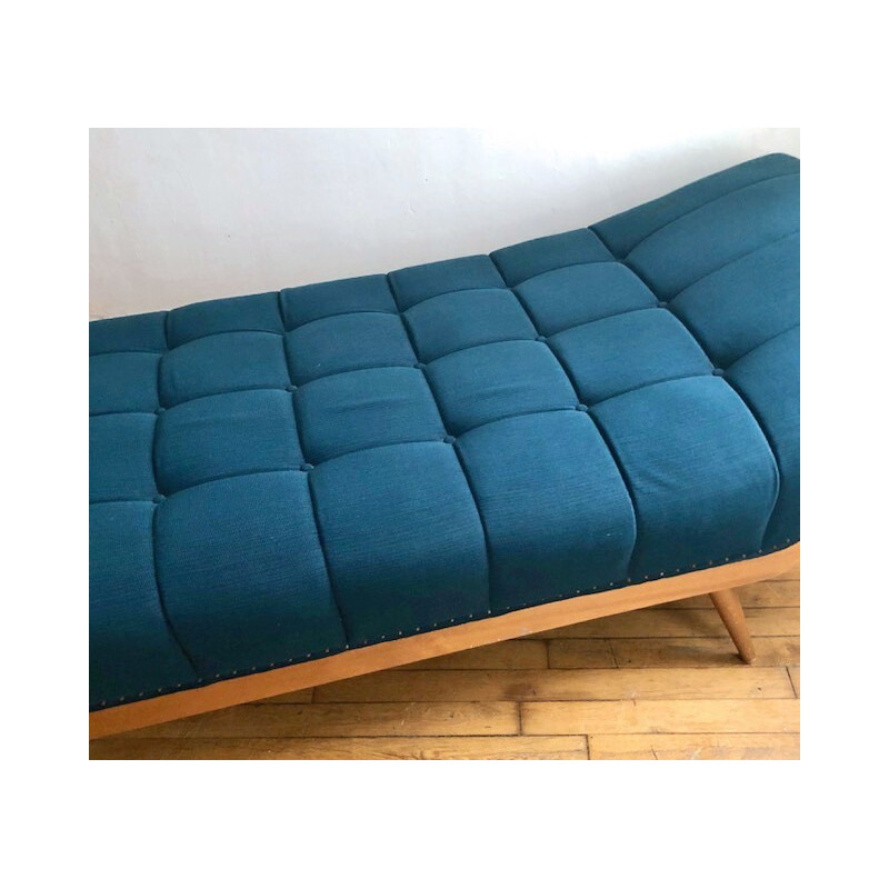 Vintage padded blue oil fabric daybed - 1950s