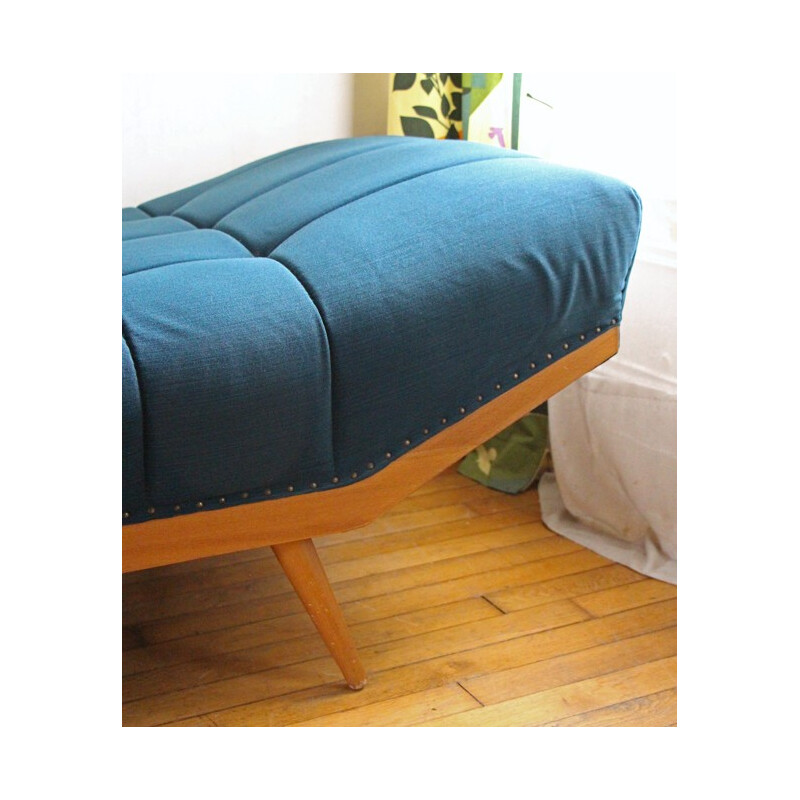 Vintage padded blue oil fabric daybed - 1950s