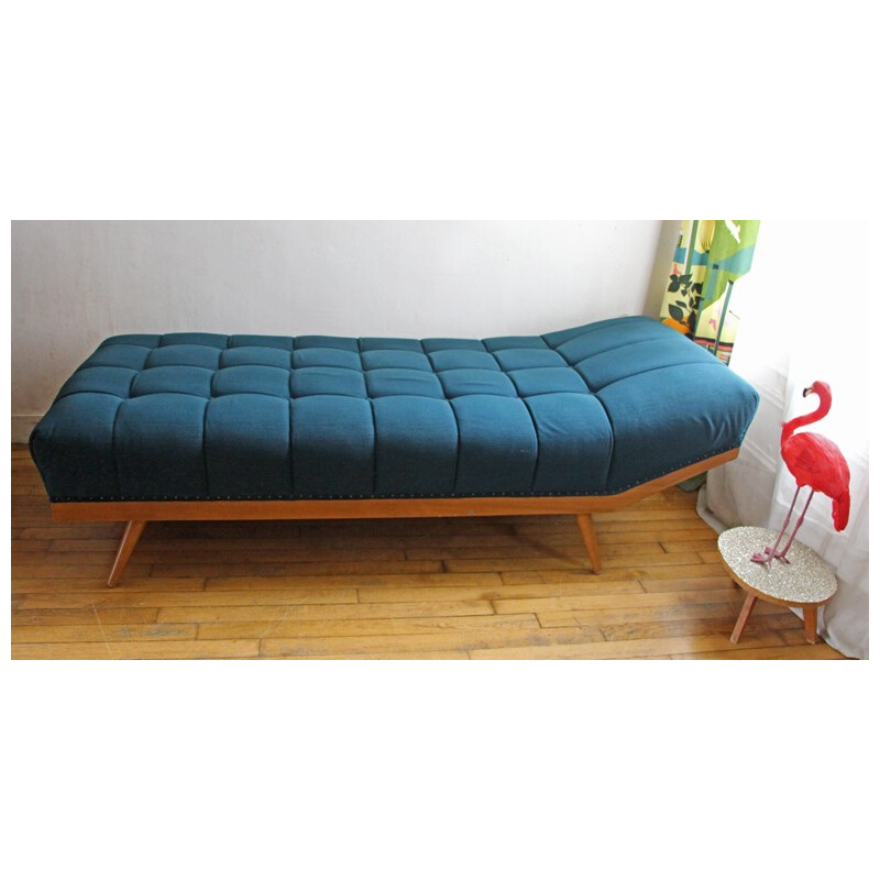 Vintage padded blue oil fabric daybed - 1950s