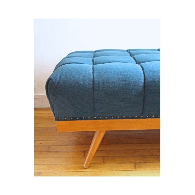 Vintage padded blue oil fabric daybed - 1950s