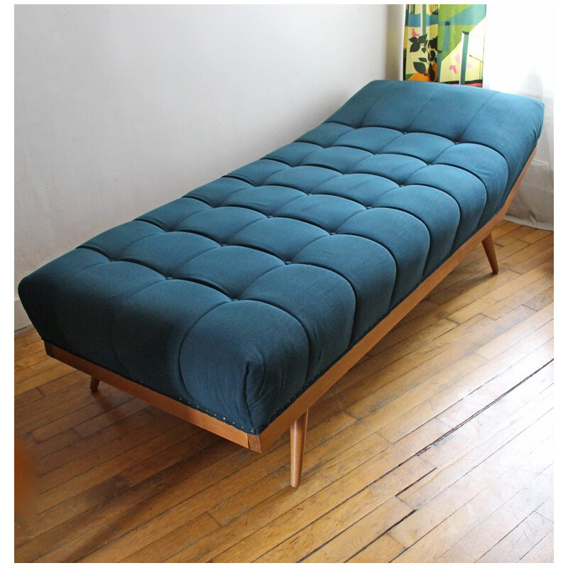 Vintage padded blue oil fabric daybed - 1950s