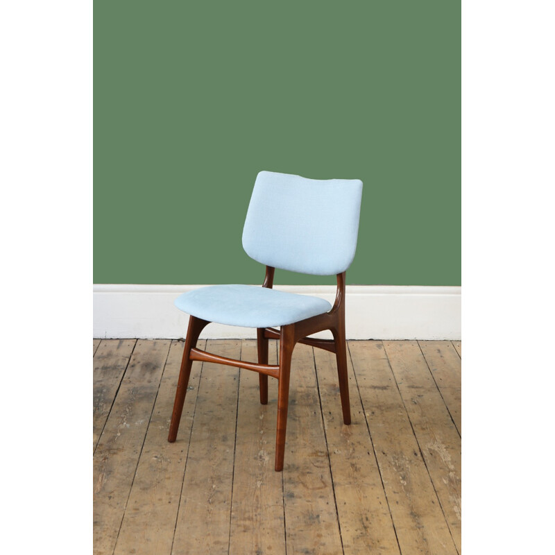 Vintage pair of Dutch teak and light blue cotton dining chairs - 1950s