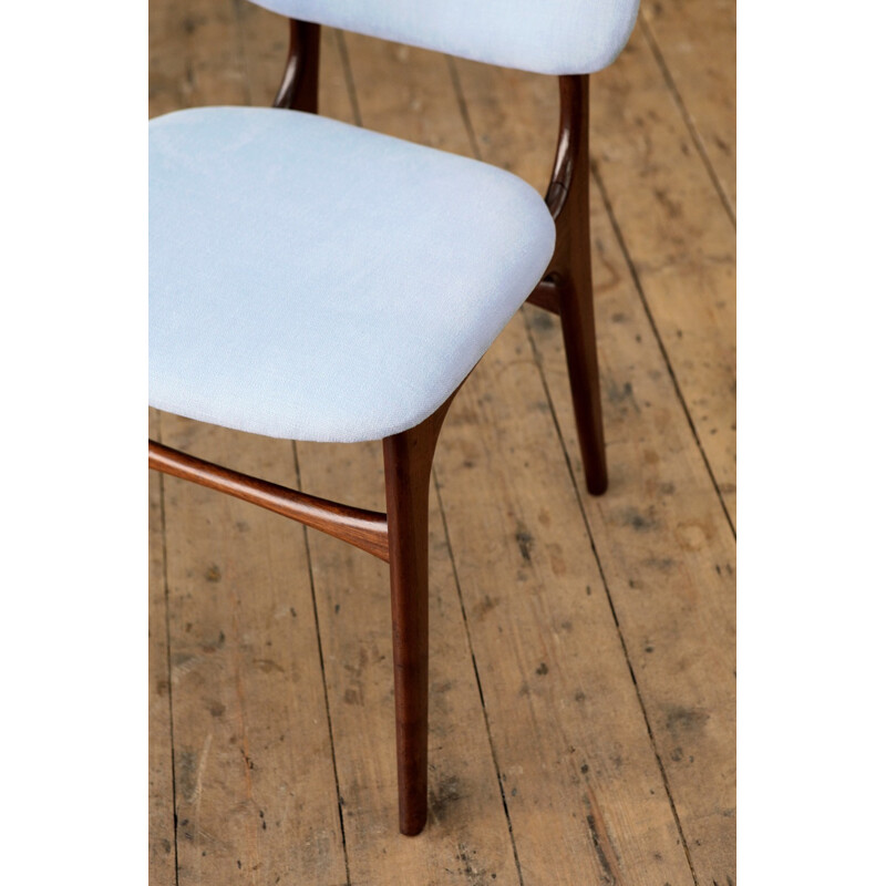 Vintage pair of Dutch teak and light blue cotton dining chairs - 1950s