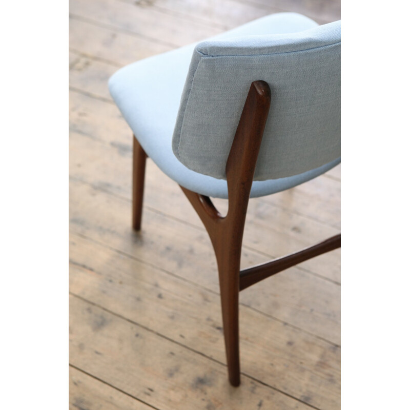 Vintage pair of Dutch teak and light blue cotton dining chairs - 1950s