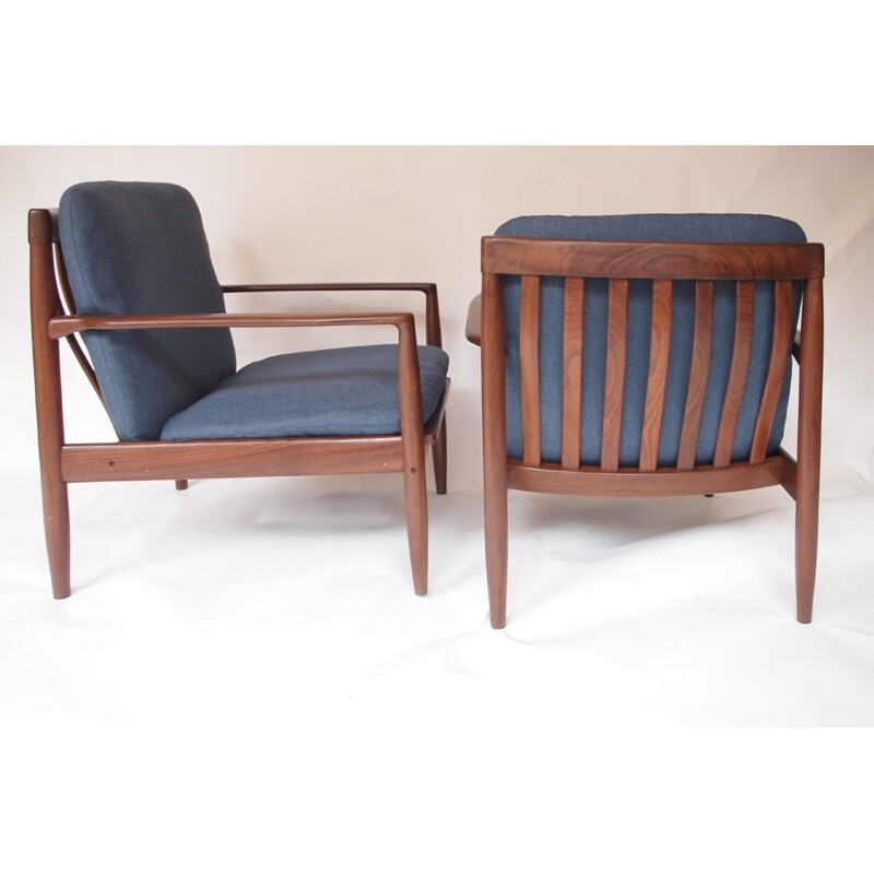Pair of scandinavian armchairs in teak and grey fabric, Grete JALK - 1950s
