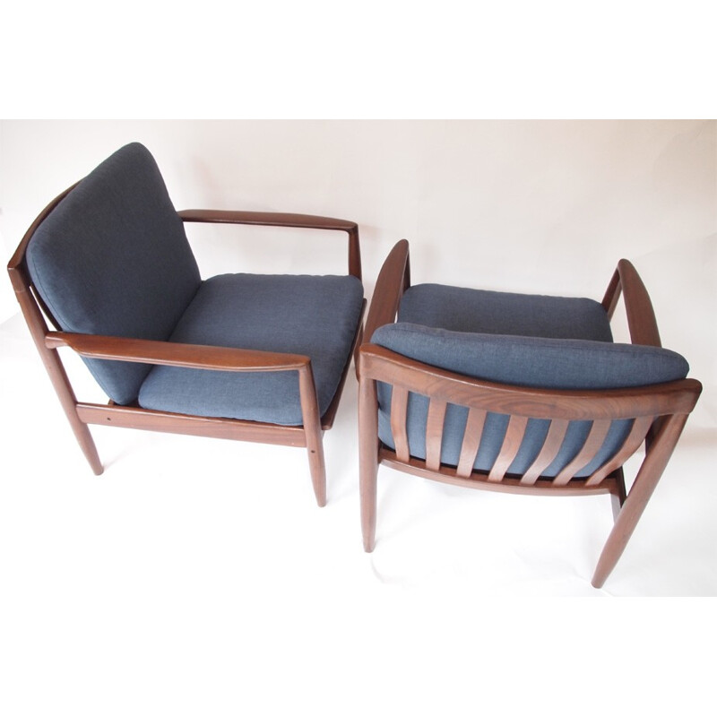 Pair of scandinavian armchairs in teak and grey fabric, Grete JALK - 1950s