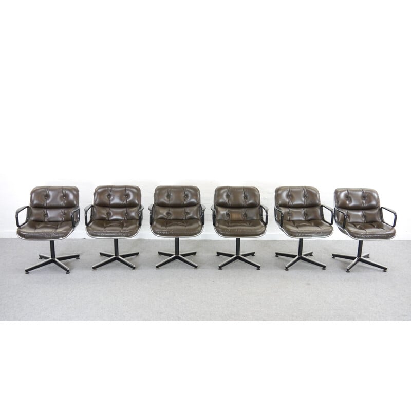 Set of 6 vintage Chairs in leather by Charles Pollock for Knoll International - 1960s