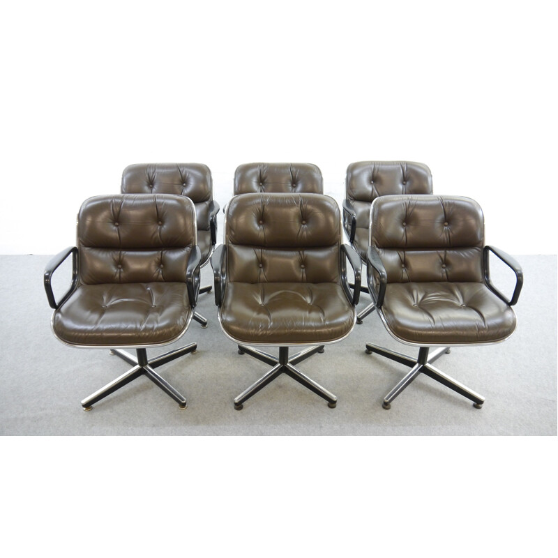 Set of 6 vintage Chairs in leather by Charles Pollock for Knoll International - 1960s