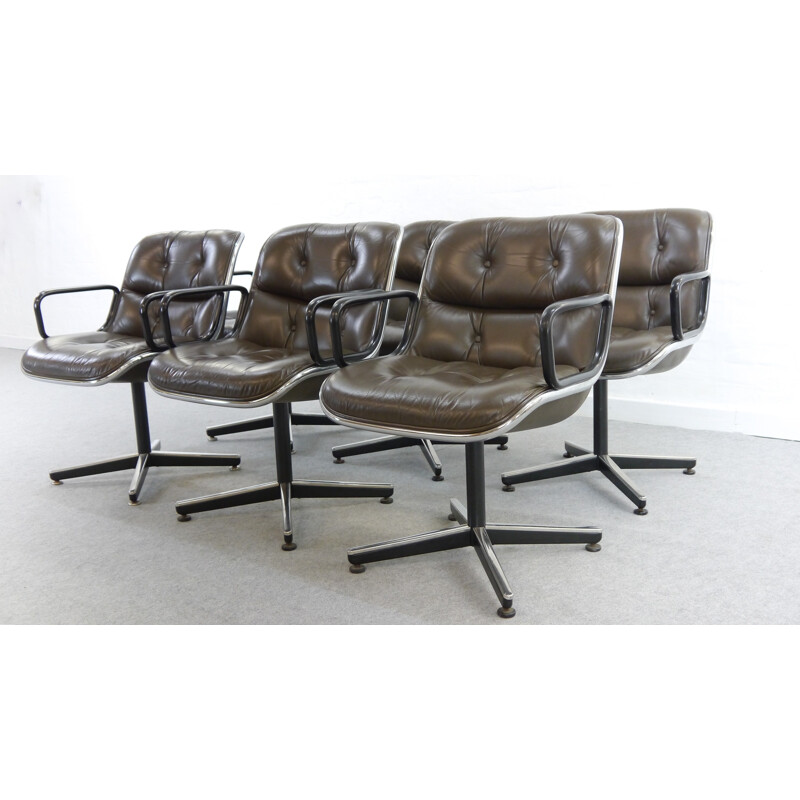 Set of 6 vintage Chairs in leather by Charles Pollock for Knoll International - 1960s