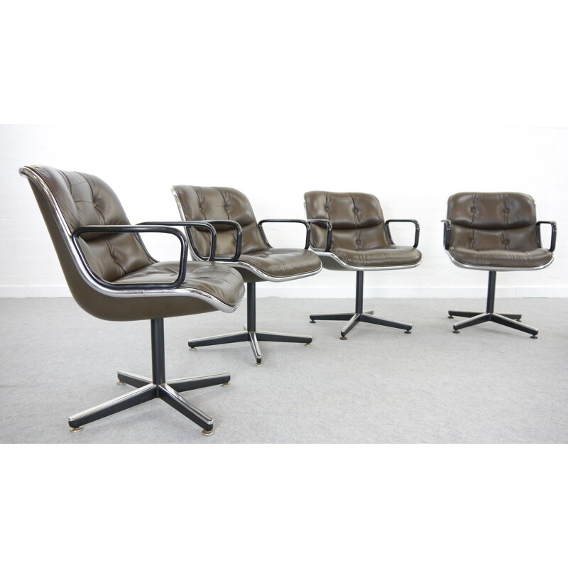 Set of 6 vintage Chairs in leather by Charles Pollock for Knoll International - 1960s