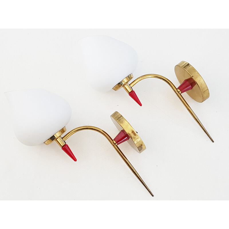 Pair of vintage French wall lamps in brass - 1950s