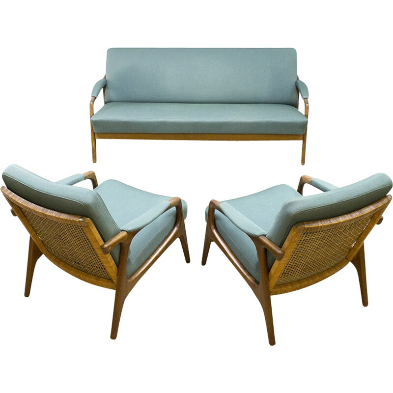 Vintage Danish Lounge Set with wood, rattan and fabric - 1960s