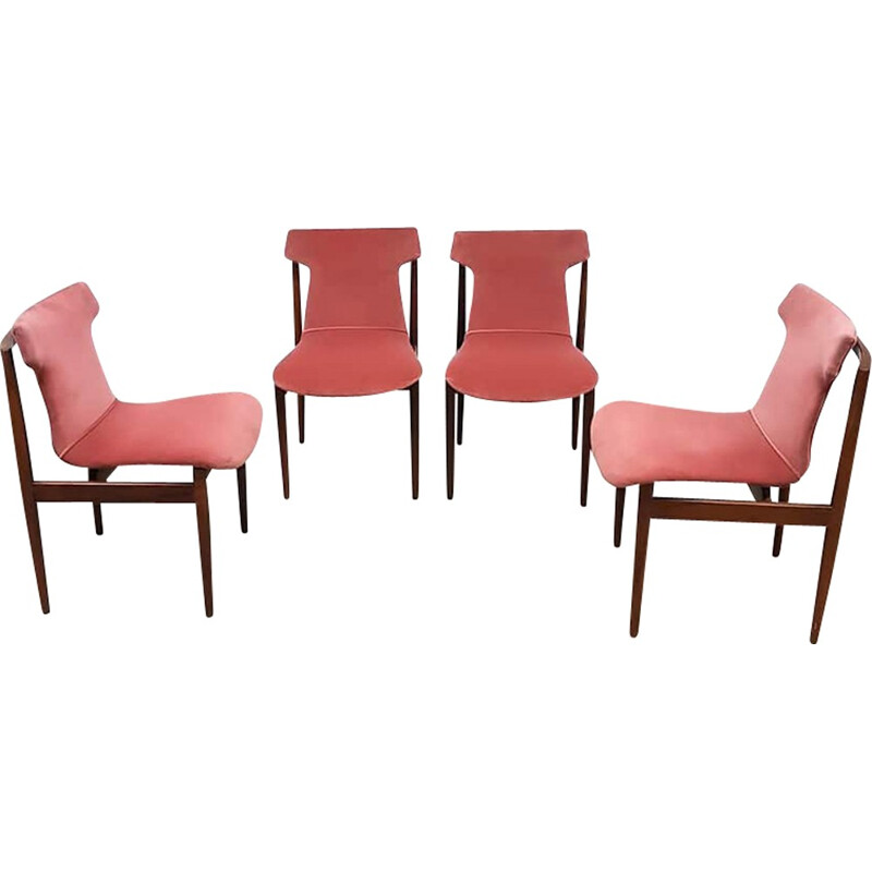 Suite de 4 chaises à repas en Velours Rose par Inger Klingenberg pour Fristho - 1950